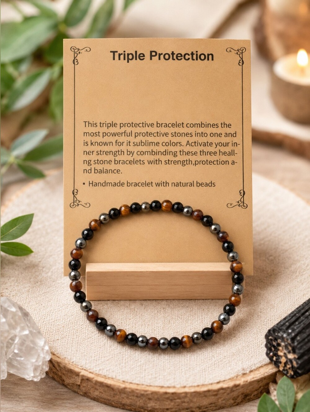 Triple Protection Natural Stone Beaded Bracelet — Brown & Gunmetal
